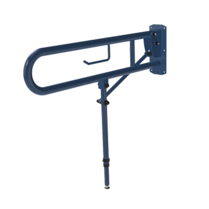 Fitzroy Of London 800mm Hinged Lift And Lock Support Rail with Toilet Roll Holder and Leg - Dark Blue | Commercial Washrooms Fitzroy Of London 800mm Hinged Lift And Lock Support Rail with Toilet Roll Holder and Leg - Dark Blue | Commercial Washrooms