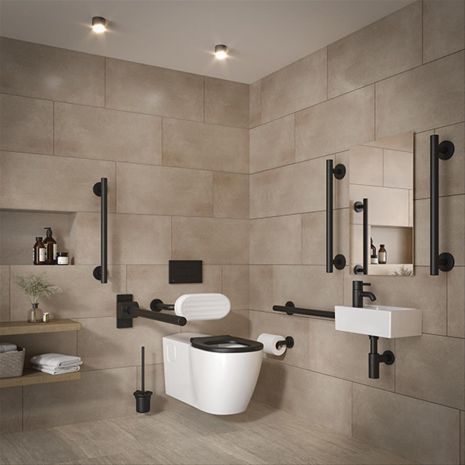 Right Handed Armitage Shanks Concept Freedom Wall Hung Doc M Toilet Pack With Black Grab Rails