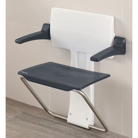Grey Slim Fold Shower Seat with Arms for Wall Mounting