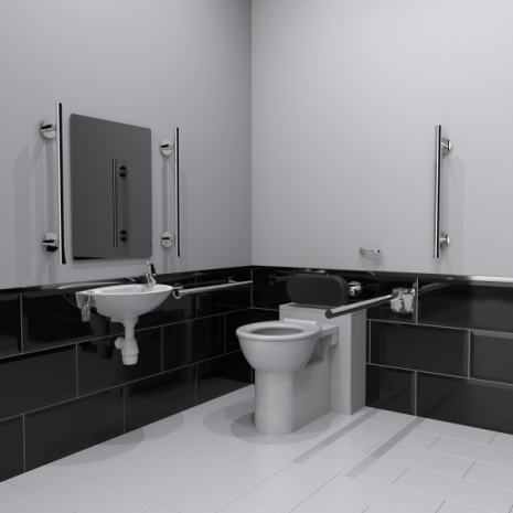 Back-to-wall Doc M Compliant Toilet Pack with Luxury Stainless Steel Polished Grab Rails
